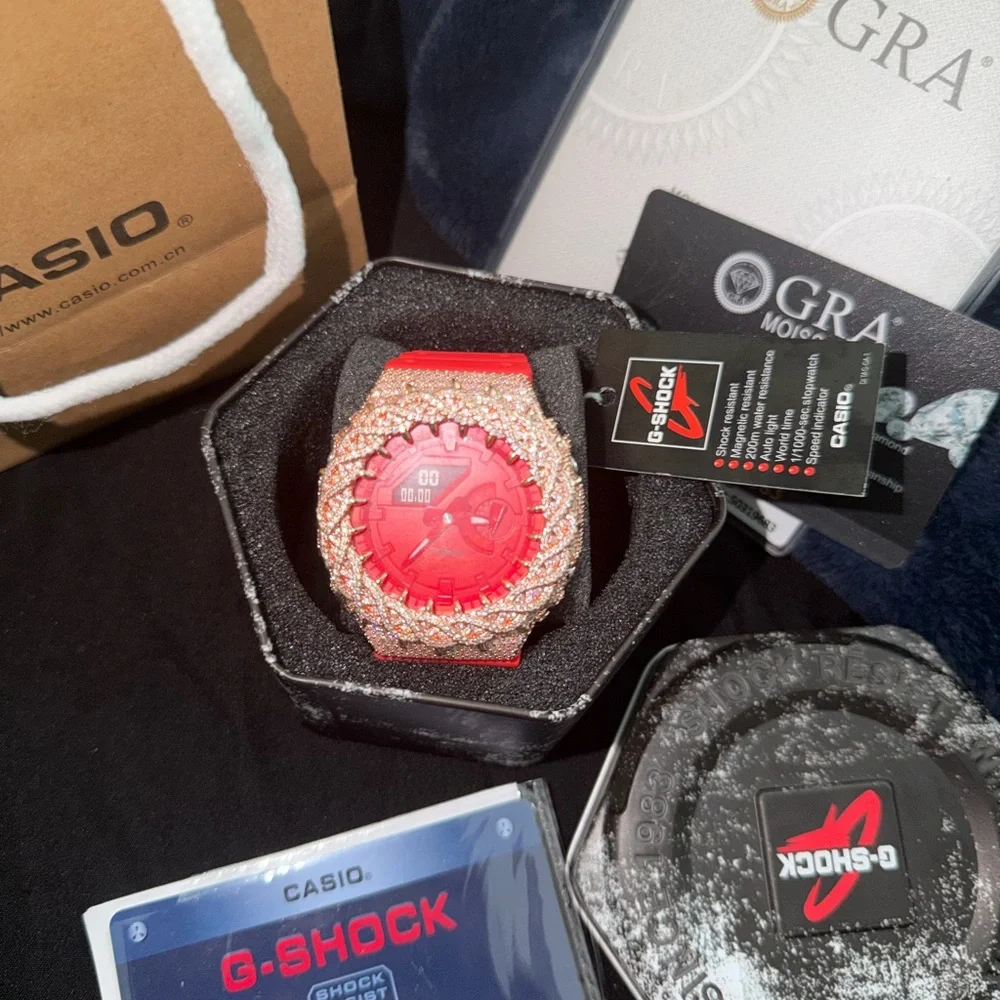 Casio G-Shock Red Strap Watch with Rose Gold Crystal Bezel vvs1 tester passing